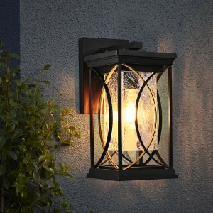 Black Outdoor Lantern with Crackled Glass